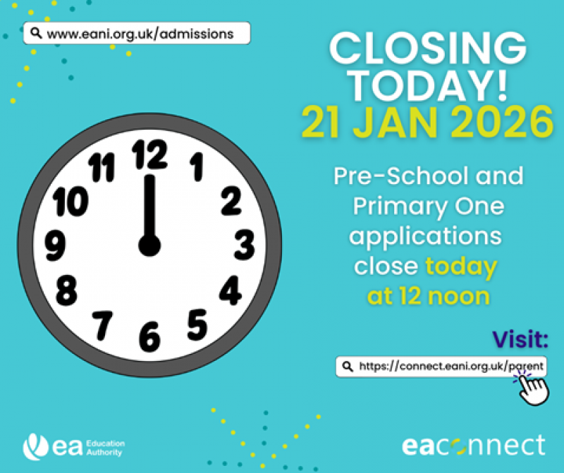 Reception and Primary 1 Applications close today at 12pm!